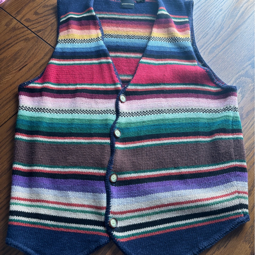 Vtg mens structure cardigan sweater vest stripes multi color L rainbow